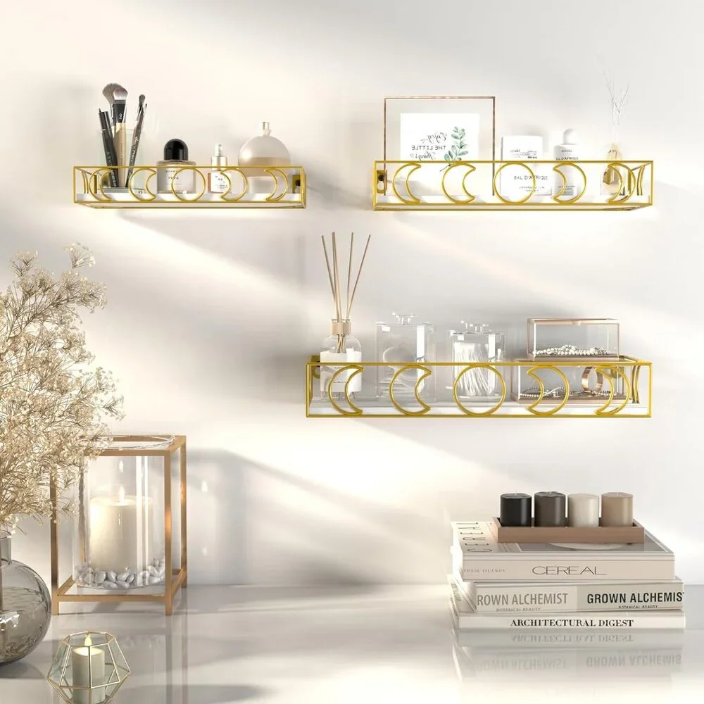 3 PC Set of Wall Shelves Gold Moon Phases Metal with White Shelves - NIB NEW $94